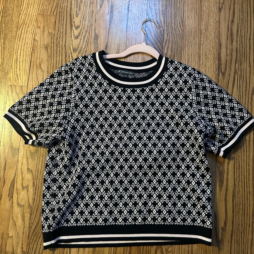 Adrianna Papell Black and Pink Geometric Short Sleeve Top Size Large